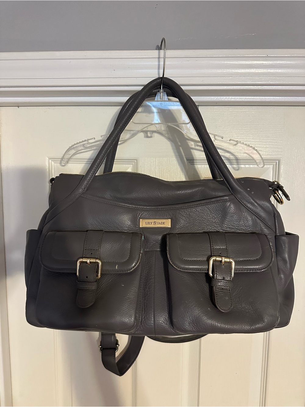 Lily Jade Charcoal Leather Diaper Bag with Front Buckle Pockets